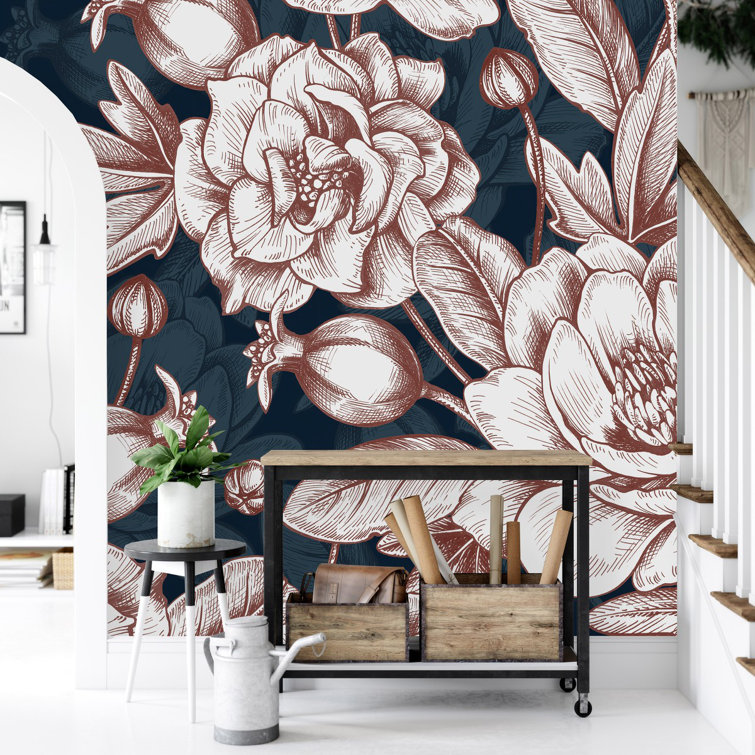 Red Barrel Studio® Dark Wallpaper With Large Flowers Floral Wallpaper